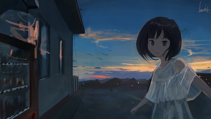 Anime girl with black hair at sunset