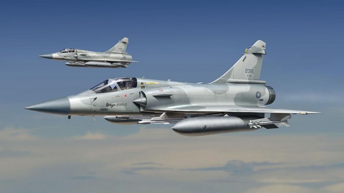 Two French Air Force Mirage 2000-5 fighter jets in flight