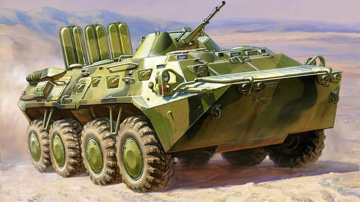 Military armored vehicle in a desert landscape