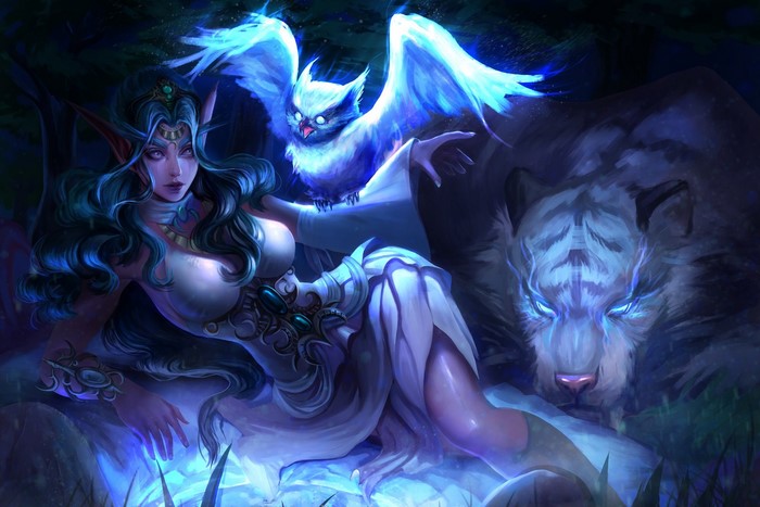 Tyrande Whisperwind with Owl and White Tiger from World of Warcraft