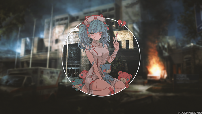 Anime nurse with teddy bears in a destroyed city