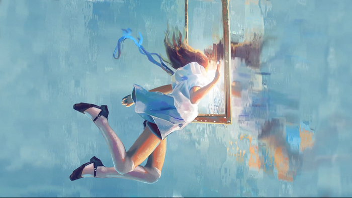 Girl falling through a mirror portal