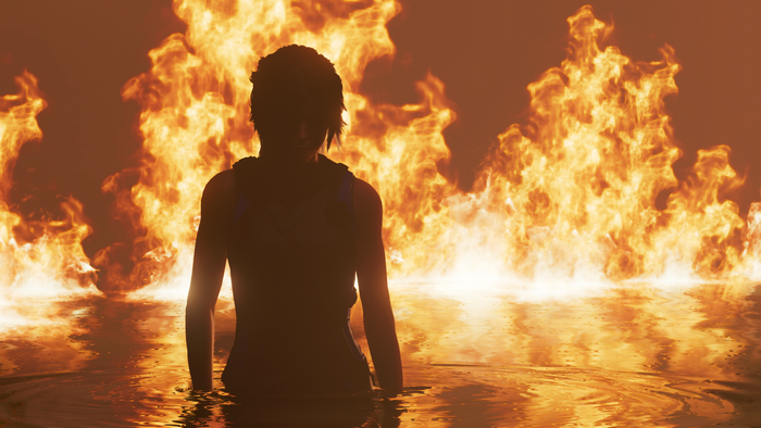 Lara Croft from Shadow of the Tomb Raider in fire