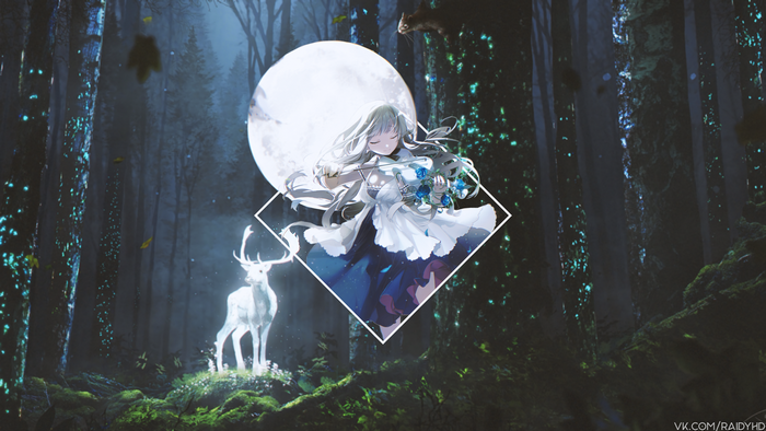 Anime girl playing violin in forest with deer
