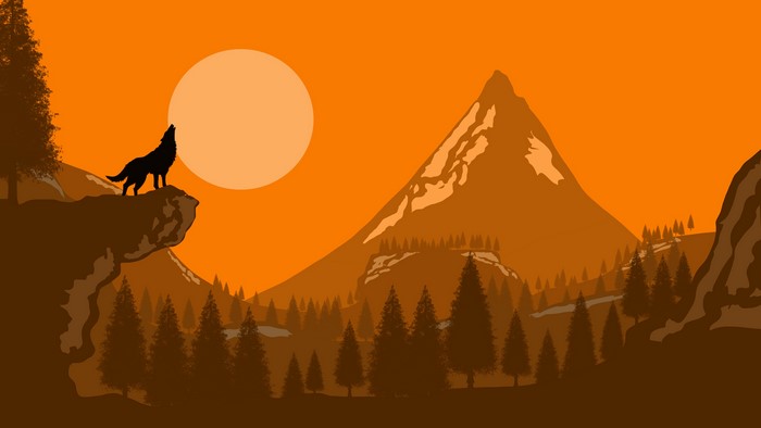Wolf howling at the moon on a mountain cliff