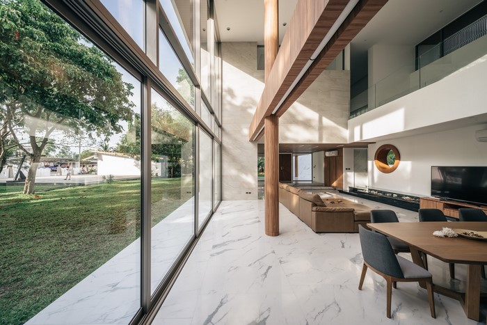 Modern interior with large windows and living area