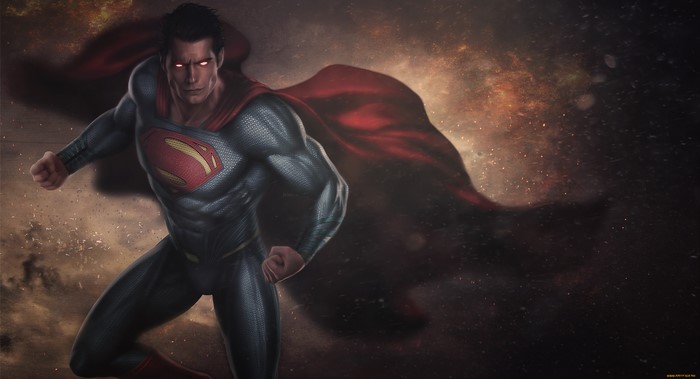 Superman with glowing eyes and red cape