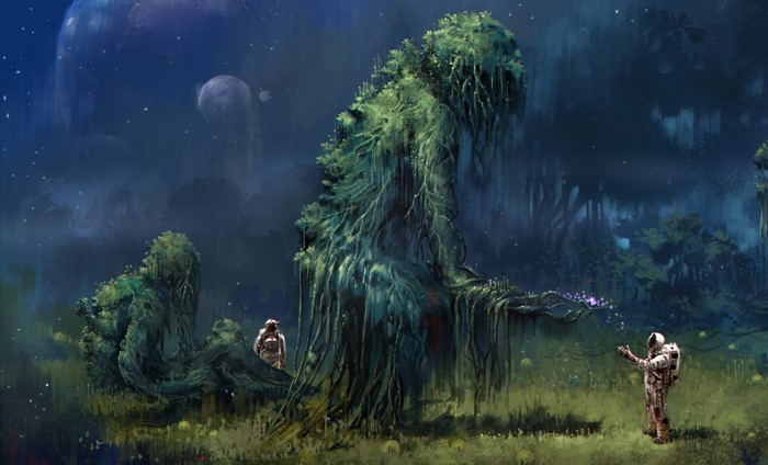 Astronauts encounter a giant tree creature on an alien planet