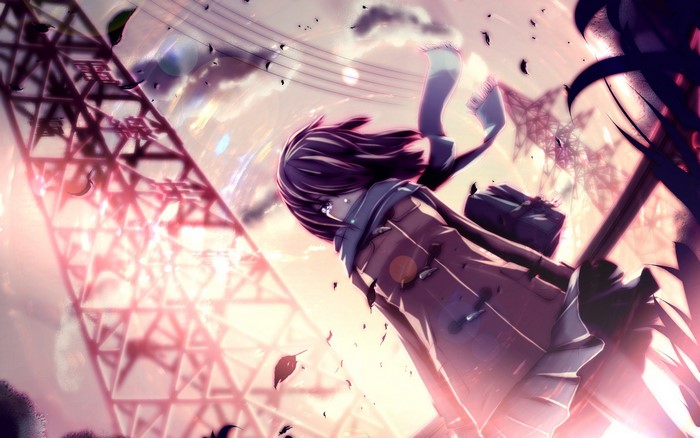 Anime girl crying in windy weather with power lines