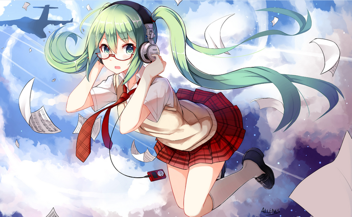 Anime girl with green hair and glasses listening to music