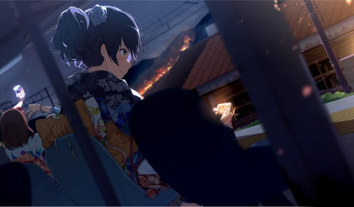 Anime girls in yukatas watching fireworks