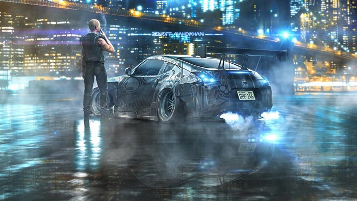 Man smoking next to a modified Nissan 370Z at night