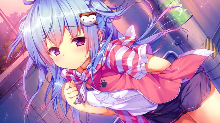 Anime girl with blue hair and purple eyes