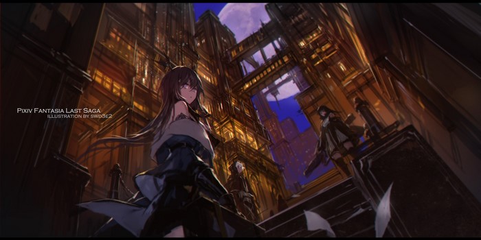 Anime girls in a fantasy city at night