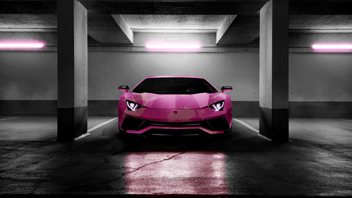 Pink camouflage Lamborghini Aventador in parking garage