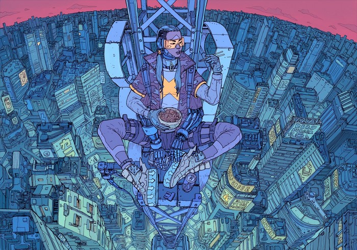Cyberpunk character eating noodles in a futuristic city