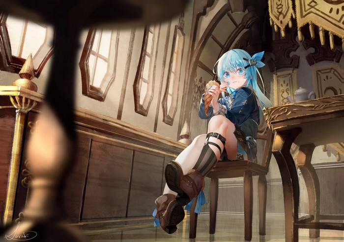 Anime girl with blue hair eating ice cream