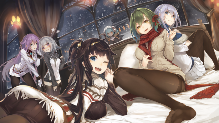 Anime girls in winter clothing on a bed