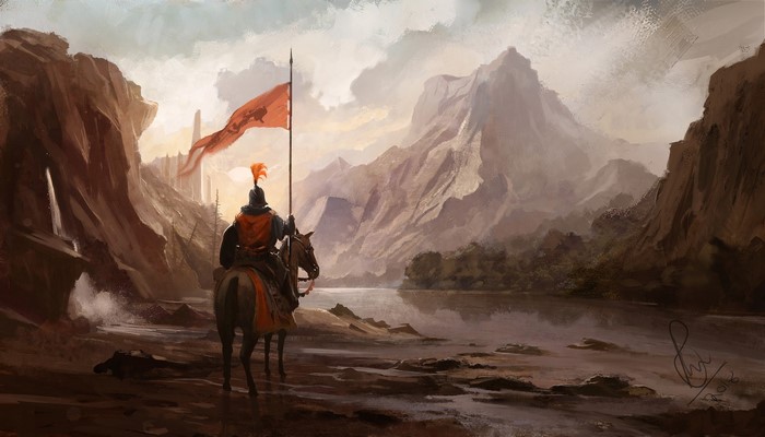 Knight with flag on horseback in a mountain landscape