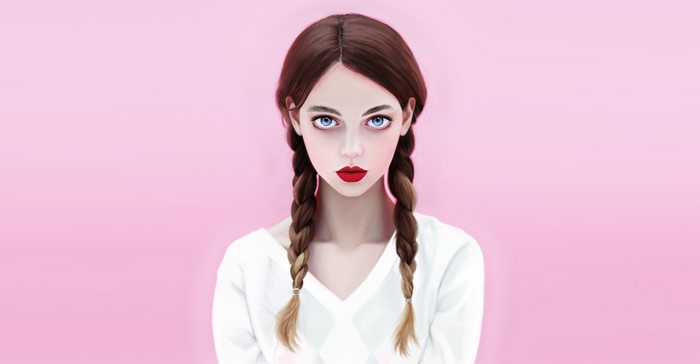 Artwork of a woman with braided hair and red lipstick