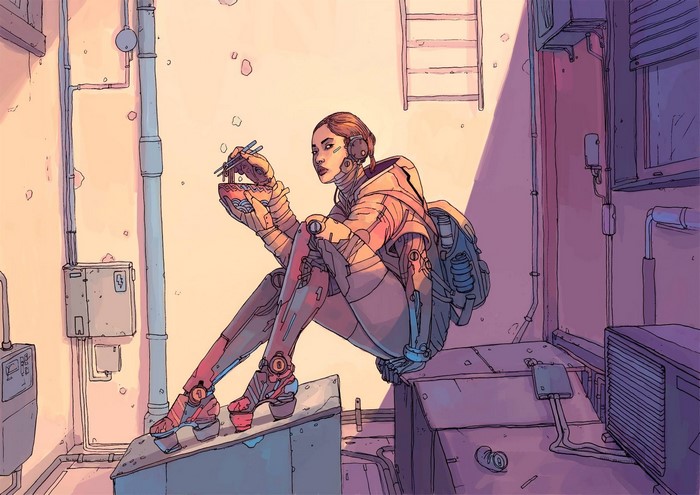 Futuristic robot girl eating noodles in alleyway