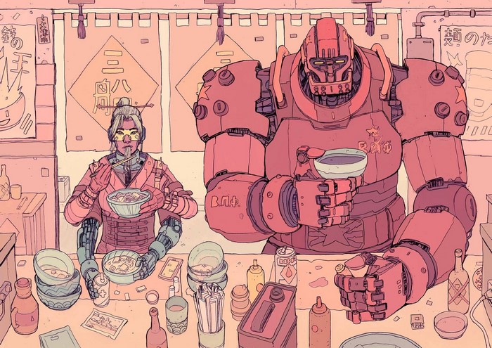 Robot and person eating noodles in a restaurant