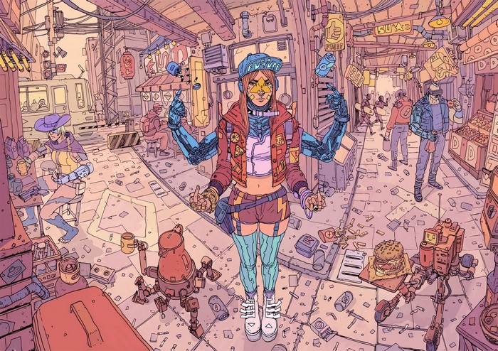 Cyberpunk street scene with a multi-armed woman and robots