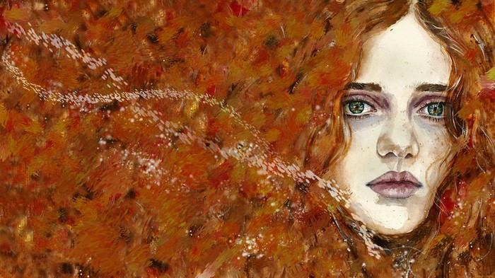 Painting of a woman with red hair and green eyes