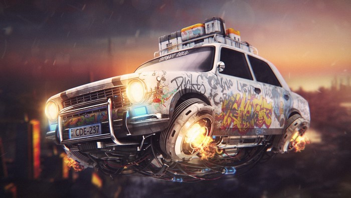 Graffiti-covered Lada 2101 flying car with futuristic engines