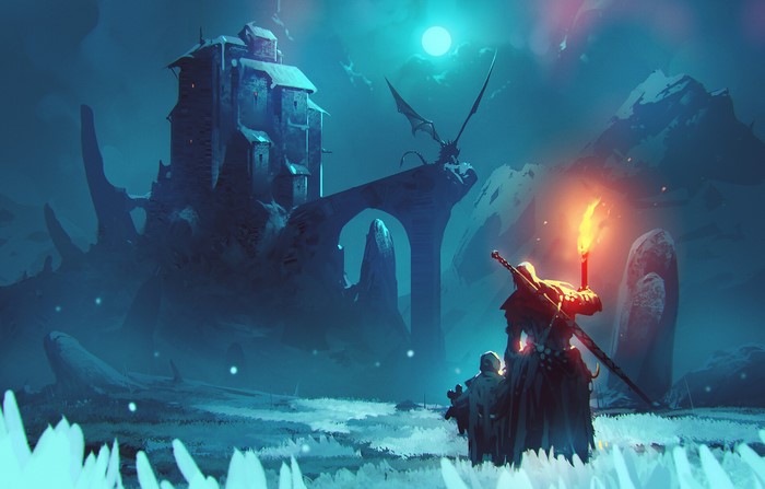 Knight with Torch and Dragon near Castle Ruins
