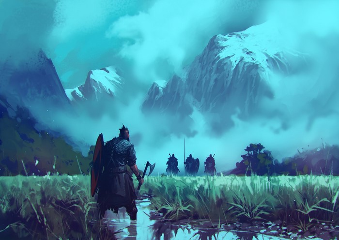 Viking warriors in a misty mountain landscape