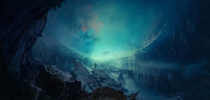 Fantasy cave with glowing cyan sky and a lone figure