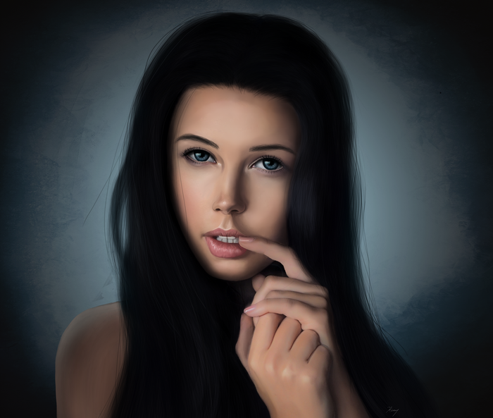 Portrait of a woman with dark hair and blue eyes