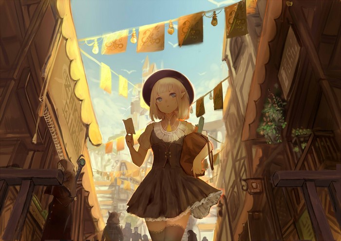 Anime girl with elf ears in a fantasy market