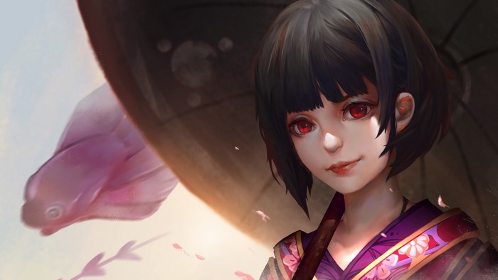 Anime girl with red eyes and Japanese umbrella