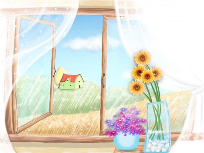 Illustration of sunflowers and flowers by an open window
