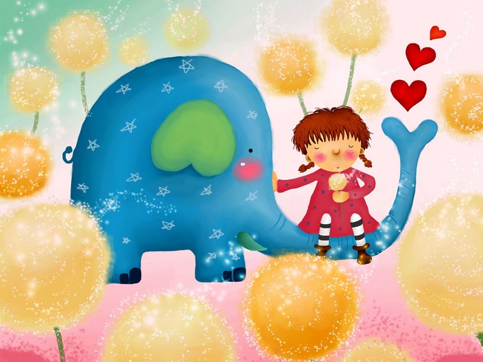 Girl riding a blue elephant with hearts