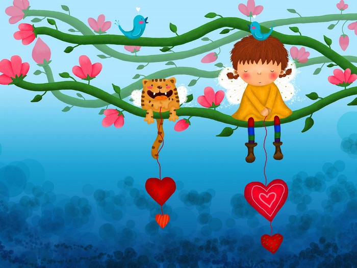 Illustration of a girl and tiger with hearts on a branch