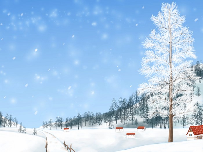 Winter landscape with snow-covered trees and houses