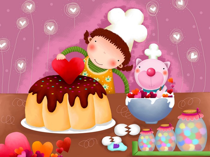 Girl and cat baking with hearts and cakes