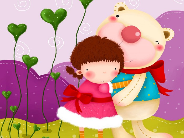 Girl hugging a teddy bear with heart-shaped plants