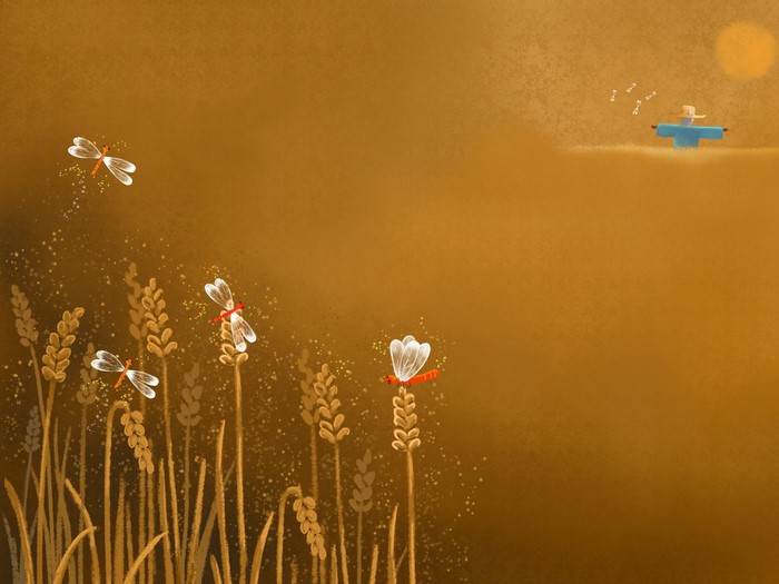 Dragonflies in a wheat field with a scarecrow