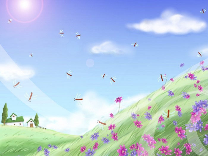 Illustration of a sunny meadow with flowers and dragonflies