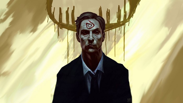 Man with spiral symbol on forehead from True Detective