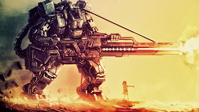 Giant robot firing a large weapon with a small girl nearby