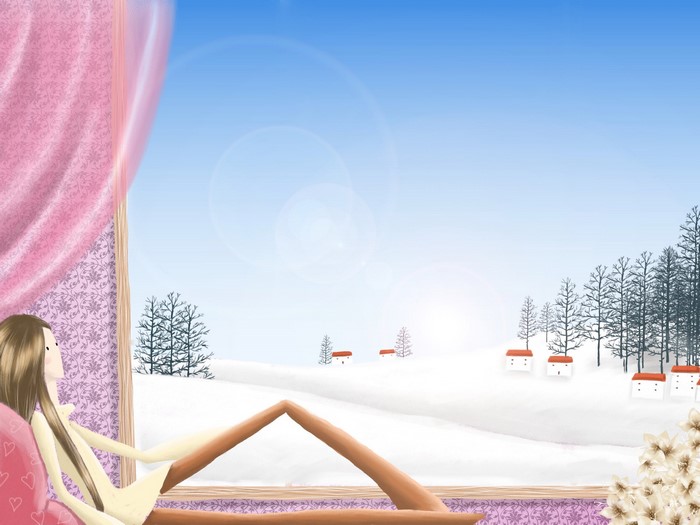 Girl looking out a window at a snowy village