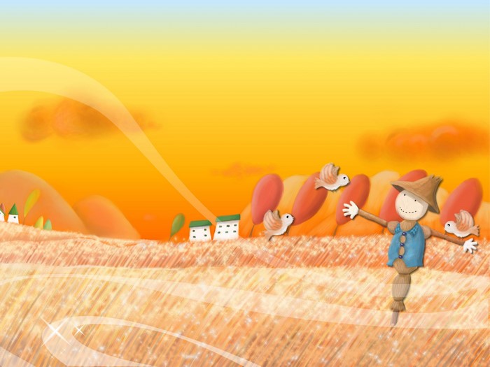 Illustration of a scarecrow in a wheat field with birds and houses