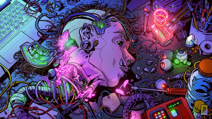 Cyberpunk character with cybernetic implants and tools