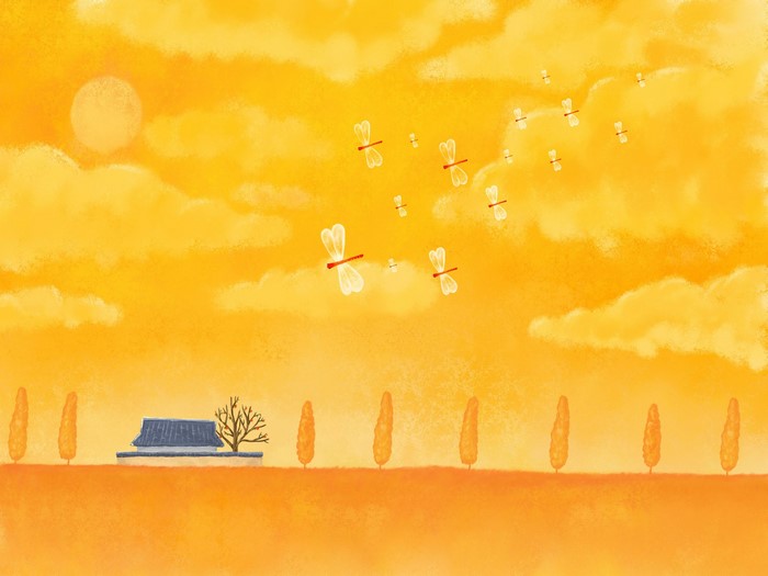 Yellow sky with clouds, dragonflies, and a house