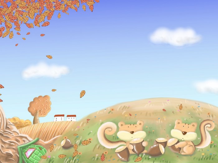 Two squirrels collecting acorns on a grassy hill